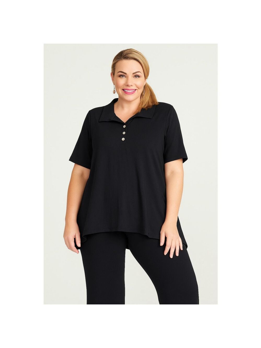 Plus Size 4XL Black Polo Tunic Top Rayon Spandex Stretch Button Front